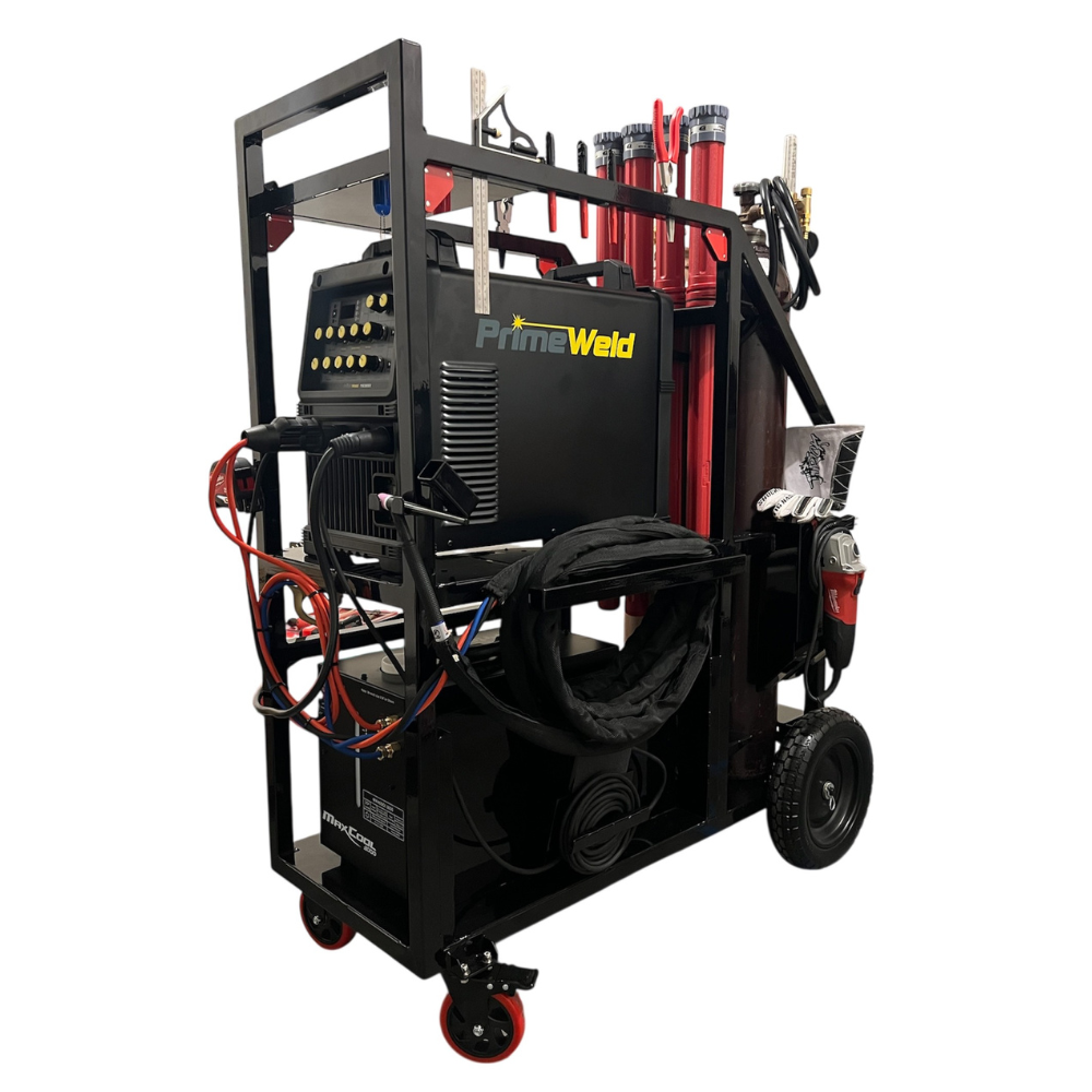 Fully assembled DIY Hogue Rugged Welding Cart loaded with welding equipment