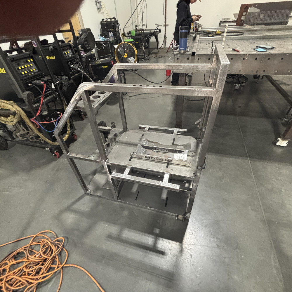 DIY Hogue Welding Cart during mid-assembly stage in fabrication shop